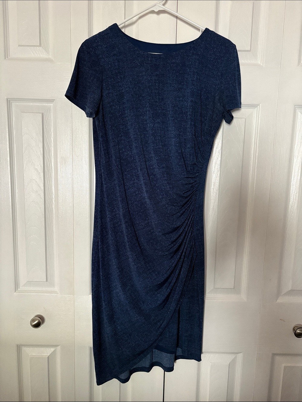 London Times Navy Ruched Side Short Sleeve Midi Dress